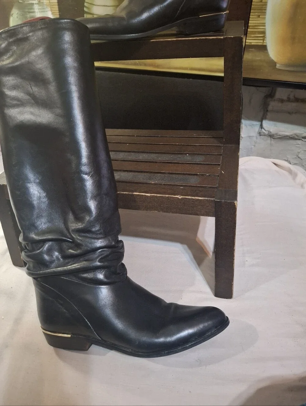 Women's Over-the-Knee Black Leather Boots with Low Heel